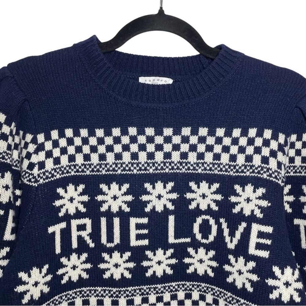 Sandro Paris Navy Blue White Wool Blend True Love Luciano Sweater - 2 Medium - Picture 4 of 13